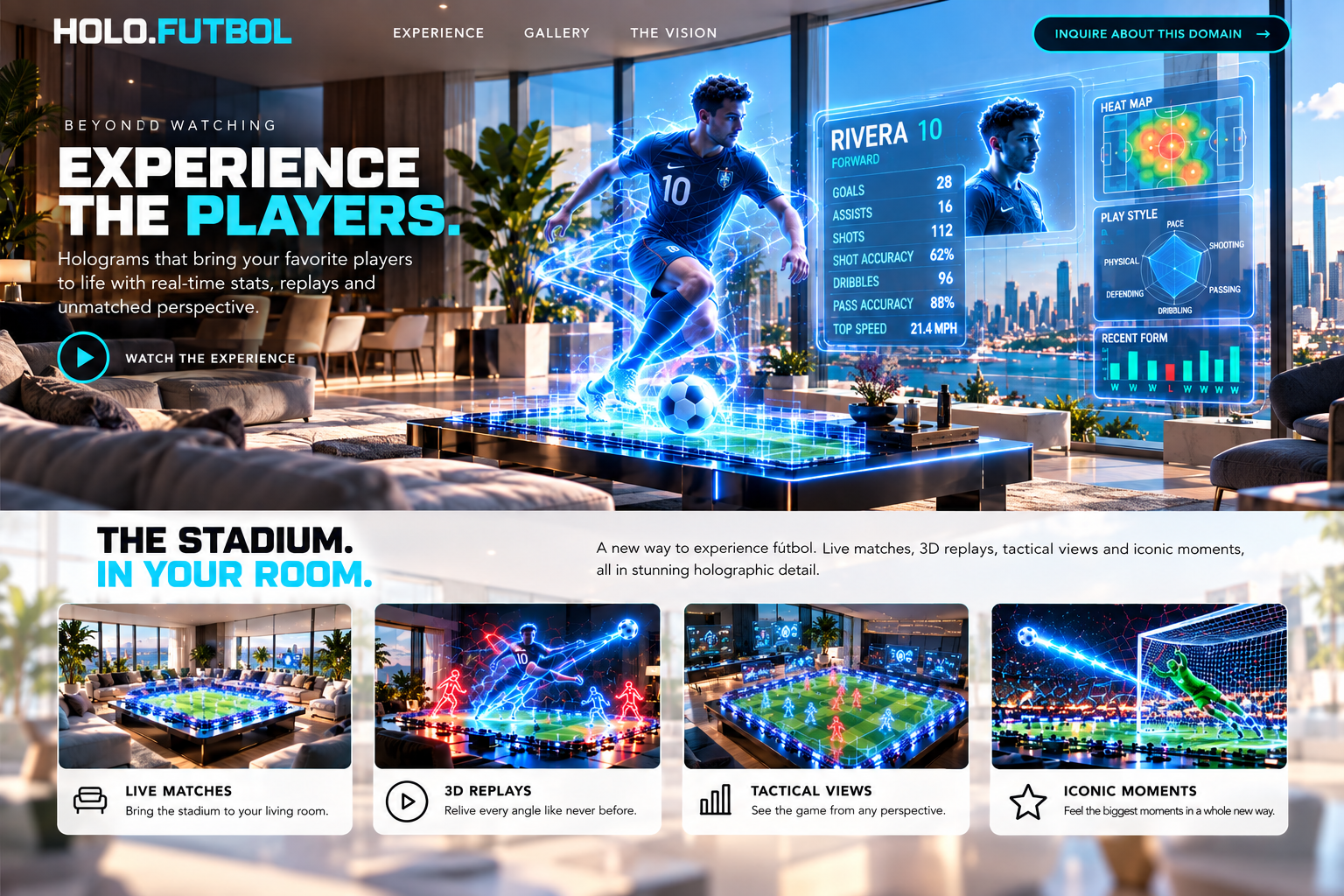 Concept visualization of Rivera appearing as a full-size hologram with live player statistics